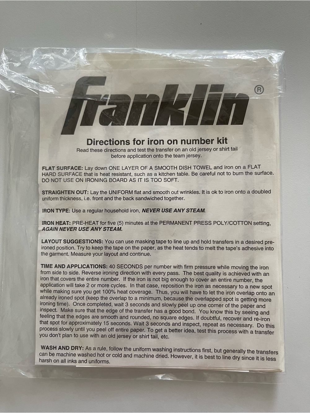 Franklin Iron-On Number Kit NWT